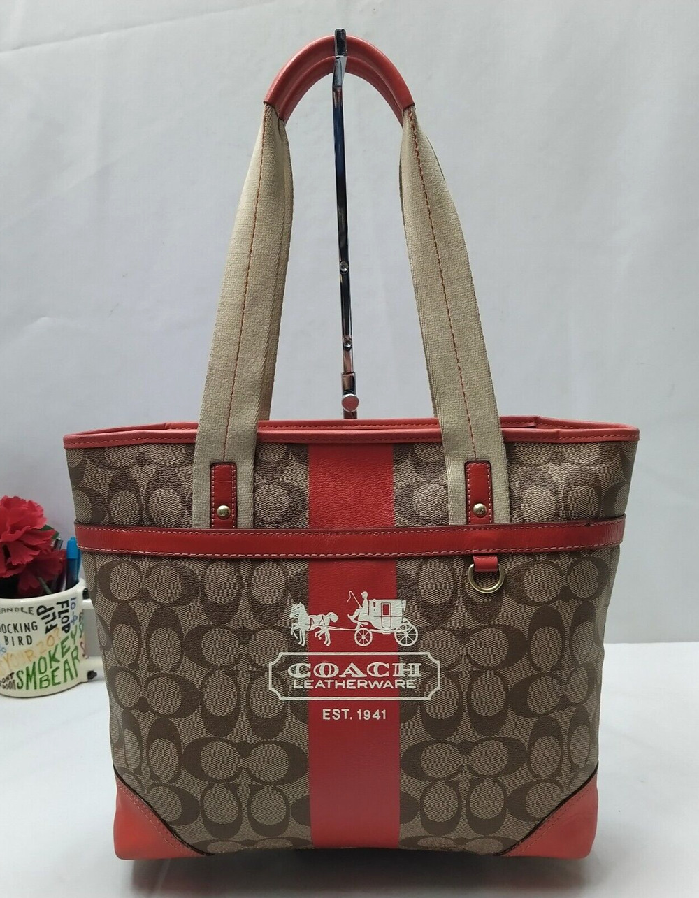 Coach Heritage Signature Brown Leather Red Stripe Double Handles Tote Bag